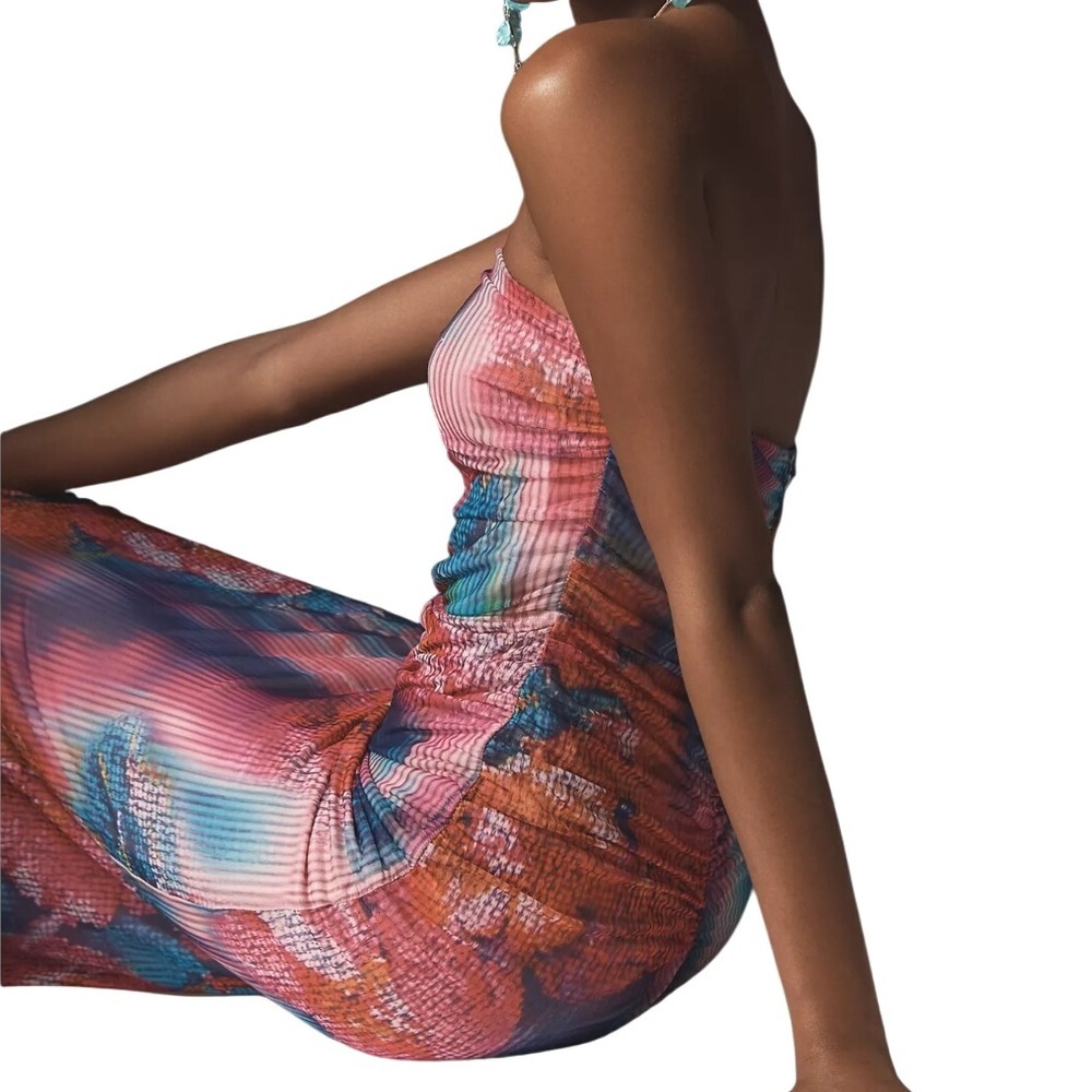 ANTHROPOLOGIE‎ Soleil Slim Strapless Midi Dress L and XL Ruched Mesh Pink Floral - Picture 3 of 16